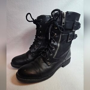 Hot Cakes Black Lace-Up Combat Boots with Side Zipper & Buckles. 7